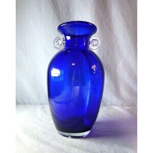 Cobalt Blue Amphora Vase 10"T Vintage Hand Blown w/ Clear Handles